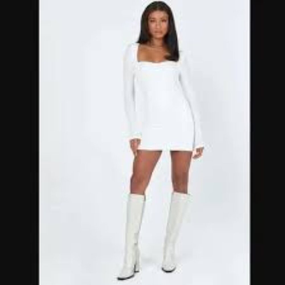Princess Polly Nolan Long Sleeve Ribbed Mini Dress White Curve Size 18 NWT